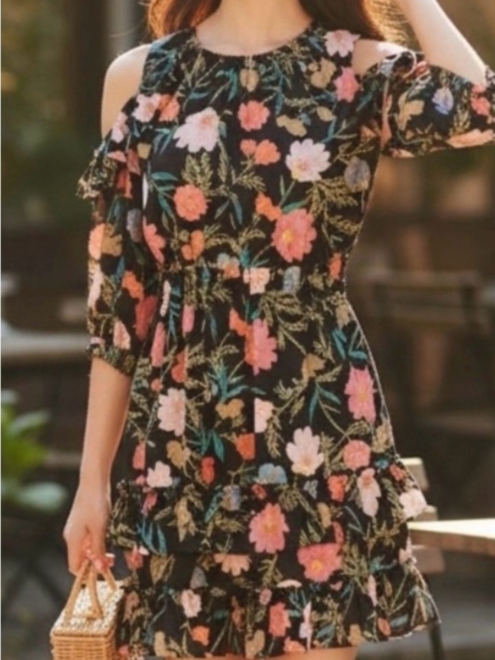 Kate Spade Blossom Floral Cold Shoulder Mini Dress Size 4 Black